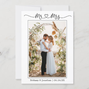 Calligraphy Heart Mr. and Mrs. Wedding Photo Thank You Card