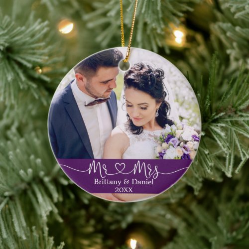 Calligraphy Heart Mr. and Mrs. Wedding Purple Ceramic Ornament