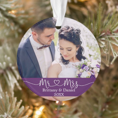Calligraphy Heart Mr. and Mrs. Wedding Purple Ornament