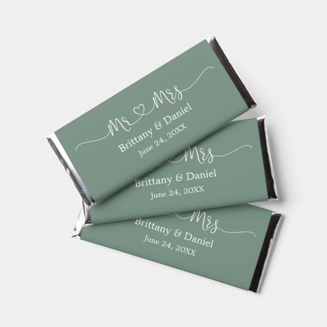 Calligraphy Heart Mr. and Mrs. Wedding Sage Green Hershey Bar Favors (Front)