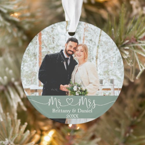 Calligraphy Heart Mr and Mrs Wedding Sage Green Ornament