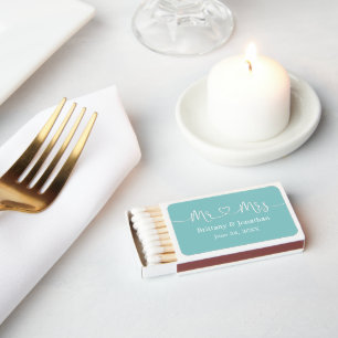 Calligraphy Heart Mr. and Mrs. Wedding Teal Matchboxes