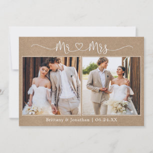 Calligraphy Heart Mr. Mrs. 2 Photo Wedding Kraft Thank You Card