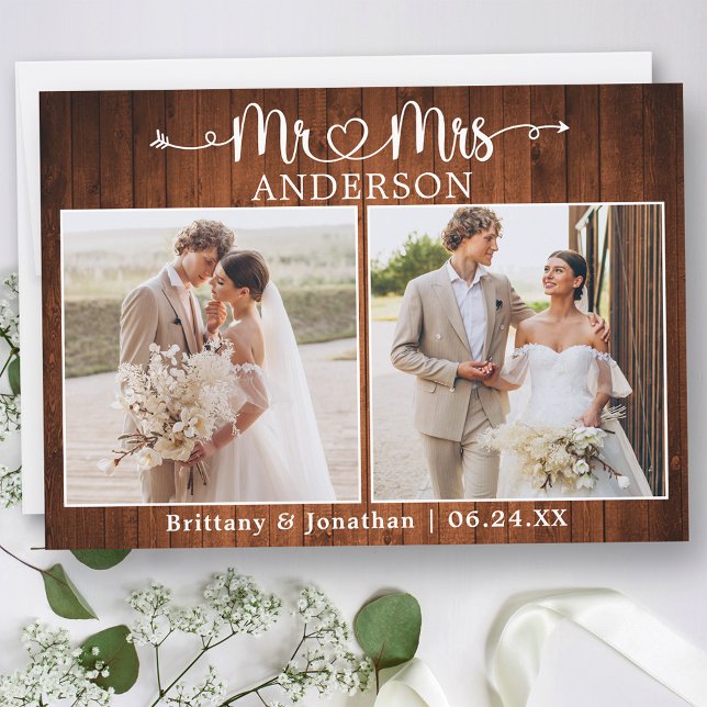 Calligraphy Heart Mr. Mrs. 2 Photo Wedding Wood Thank You Card (Customize to change your personalized text size or text style.)