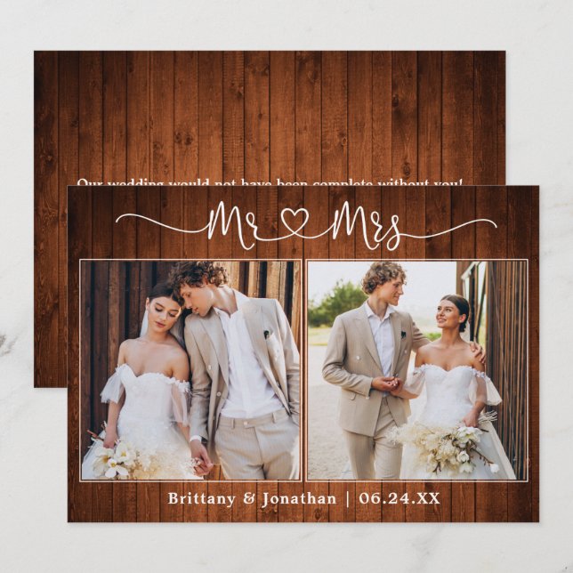  Calligraphy Heart Mr. Mrs. 2 Photo Wedding Wood Thank You Card (Front/Back)