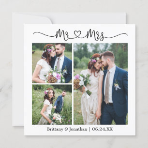 Calligraphy Heart Mr. Mrs. 3 Photo Wedding Square Thank You Card