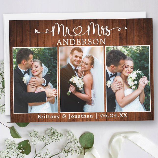 Calligraphy Heart Mr. Mrs. 3 Photo Wedding Wood Thank You Card (Customize to change your personalized text size or text style.)
