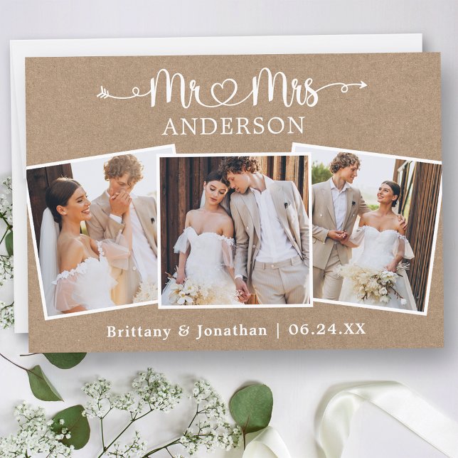 Calligraphy Heart Mr. Mrs. 3 Photos Wedding Kraft Thank You Card (Customize to change your personalized text size or text style.)