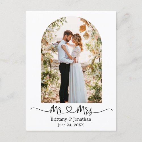 Calligraphy Heart Mr Mrs Arch Wedding Thank You Postcard