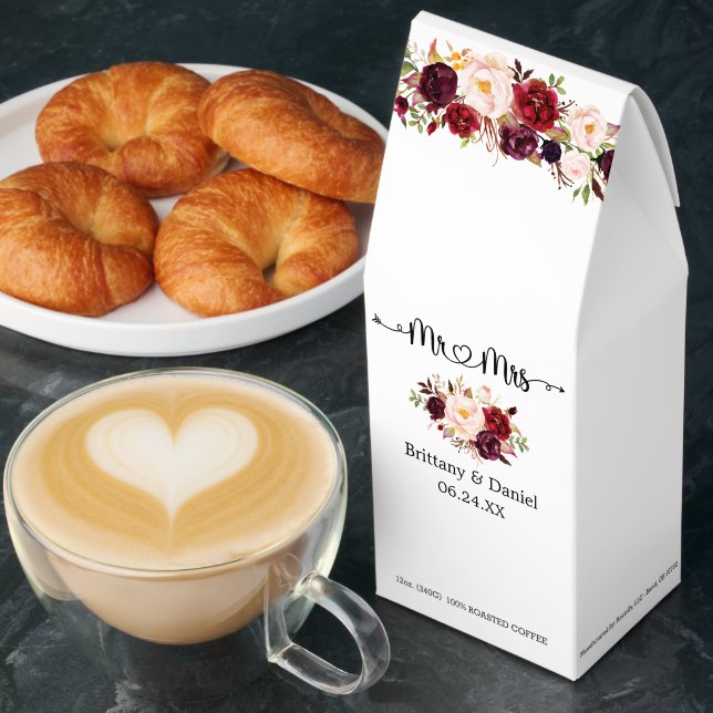 Calligraphy Heart Mr. Mrs. Burgundy Floral Roasted Coffee (Breakfast)
