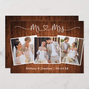 Calligraphy Heart Mr. Mrs. Wedding 3 Photo Wood Thank You Card