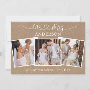 Calligraphy Heart Mr. Mrs. Wedding 3 Photos Kraft Thank You Card