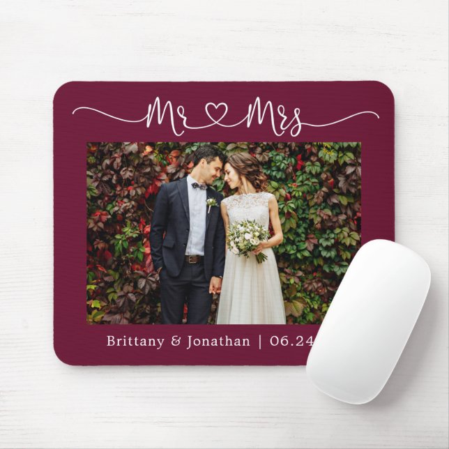 Calligraphy Heart Mr. Mrs. Wedding Burgundy Mouse Pad (With Mouse)