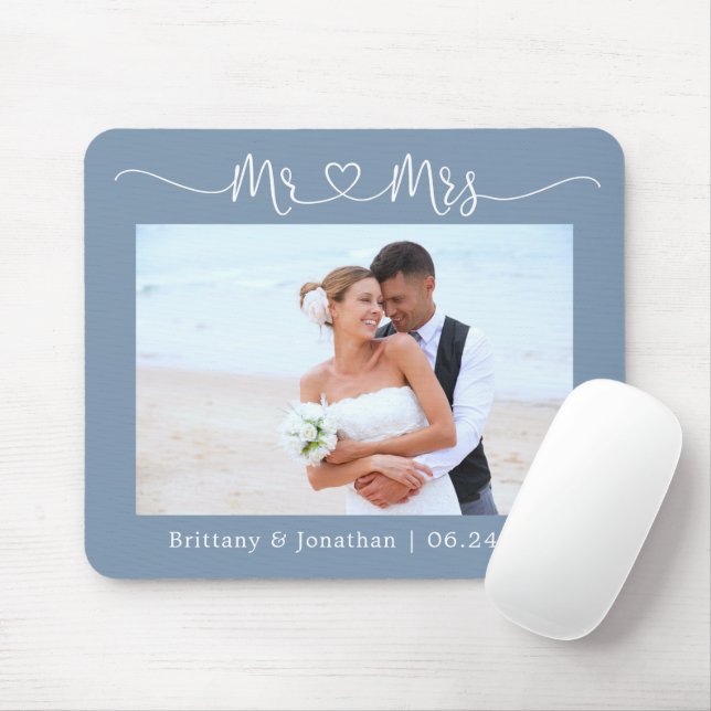 Calligraphy Heart Mr. Mrs. Wedding Dusty Blue Mouse Pad (With Mouse)