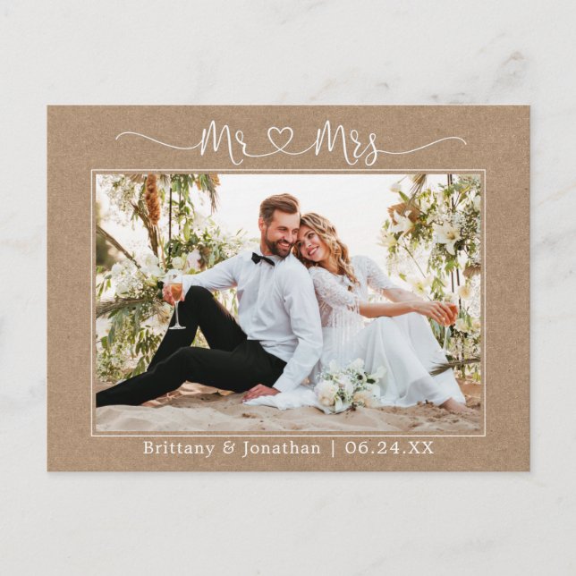 Calligraphy Heart Mr. Mrs. Wedding Kraft Thank You Postcard (Front)