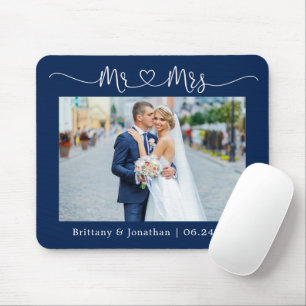 Calligraphy Heart Mr. Mrs. Wedding Navy Blue Mouse Pad