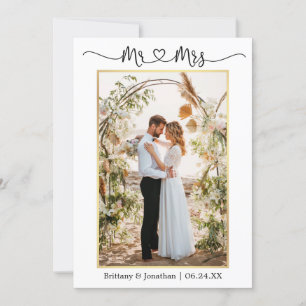 Calligraphy Heart Mr. Mrs. Wedding Photo Gold Thank You Card
