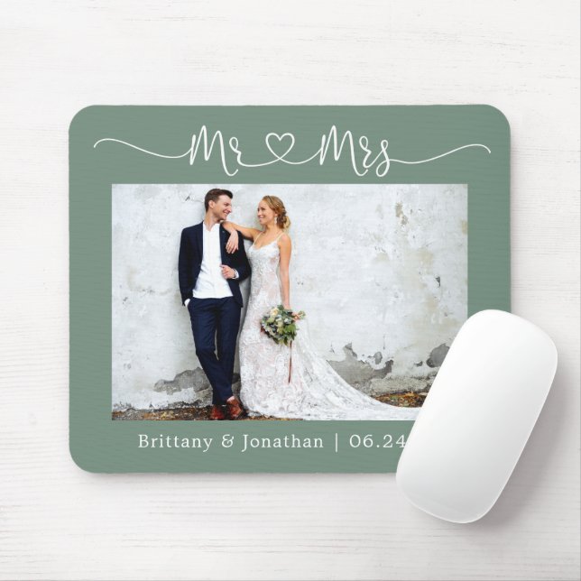 Calligraphy Heart Mr. Mrs. Wedding Sage Green Mouse Pad (With Mouse)