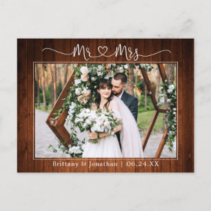 Calligraphy Heart Mr. Mrs. Wedding Wood Thank You Postcard