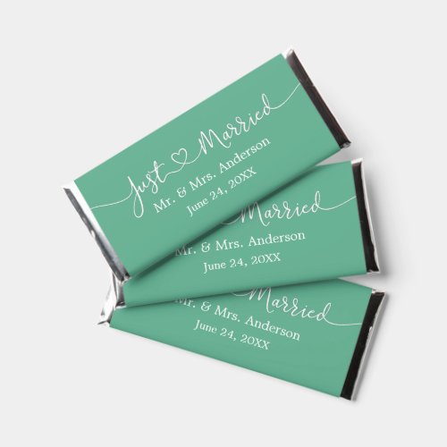 Calligraphy Heart Neo Mint Green Just Married  Hershey Bar Favors