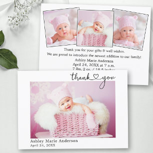 Calligraphy Heart New Baby 4 Photo Thank You Card