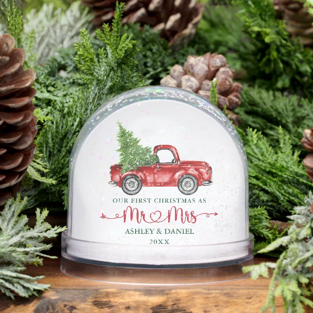 Calligraphy Heart Our First Christmas Red Truck Snow Globe (Winter)