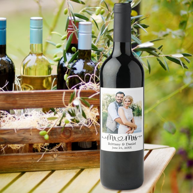 Calligraphy Heart Photo Mr. and Mrs. Wedding  Wine Label (Customize to change background color.)