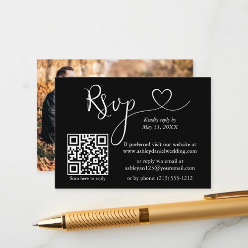 Calligraphy Heart Photo QR RSVP Wedding Enclosure Card