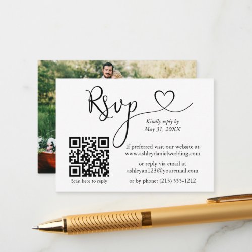Calligraphy Heart Photo QR Wedding RSVP Enclosure Card