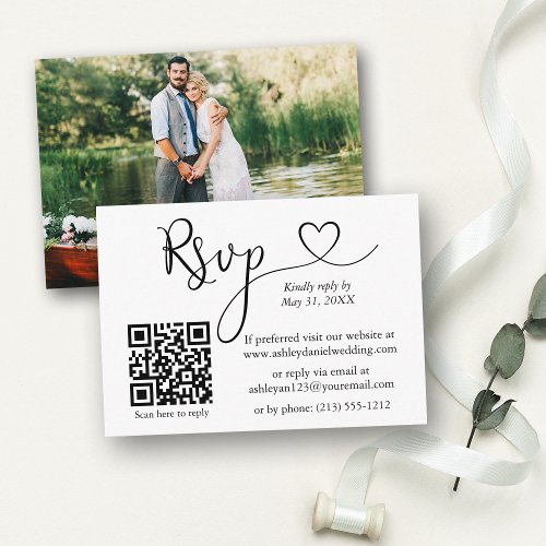 Calligraphy Heart Photo QR Wedding RSVP Enclosure Card