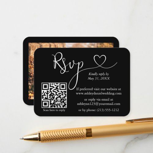 Calligraphy Heart Photo Wedding Black RSVP QR Enclosure Card