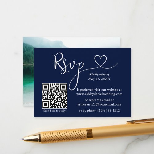 Calligraphy Heart Photo Wedding Blue QR RSVP Enclosure Card