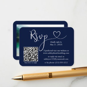 Calligraphy Heart Photo Wedding Blue RSVP QR Enclosure Card