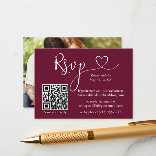Calligraphy Heart Photo Wedding Burgundy QR RSVP Enclosure Card