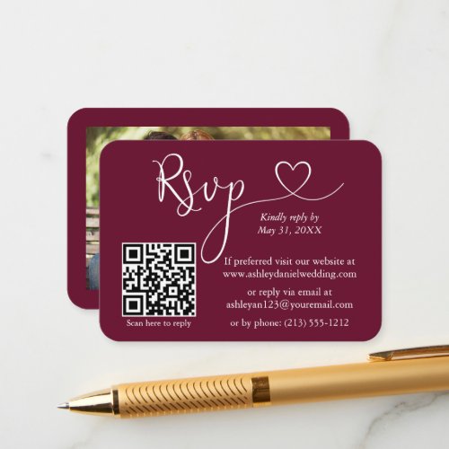 Calligraphy Heart Photo Wedding Burgundy RSVP QR Enclosure Card