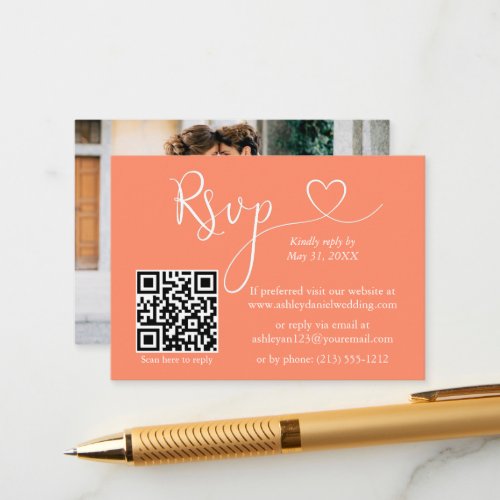 Calligraphy Heart Photo Wedding Coral QR RSVP Enclosure Card