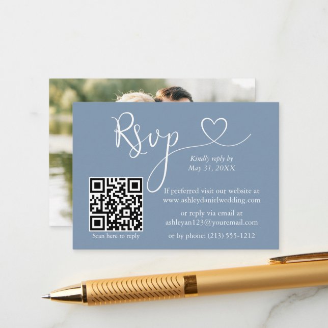 Calligraphy Heart Photo Wedding Dusty Blue QR RSVP Enclosure Card (Front/Back In Situ)