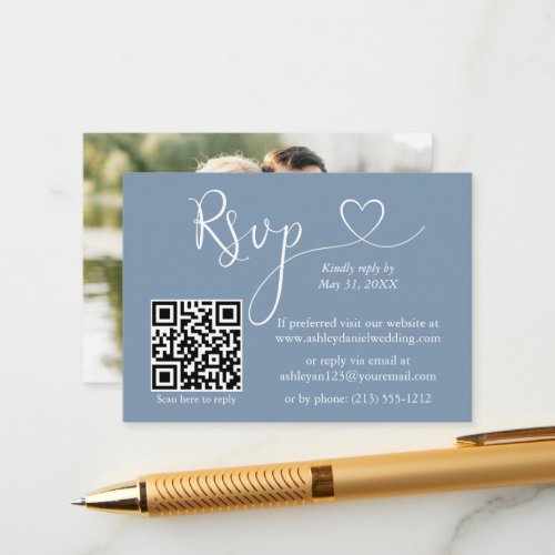 Calligraphy Heart Photo Wedding Dusty Blue QR RSVP Enclosure Card