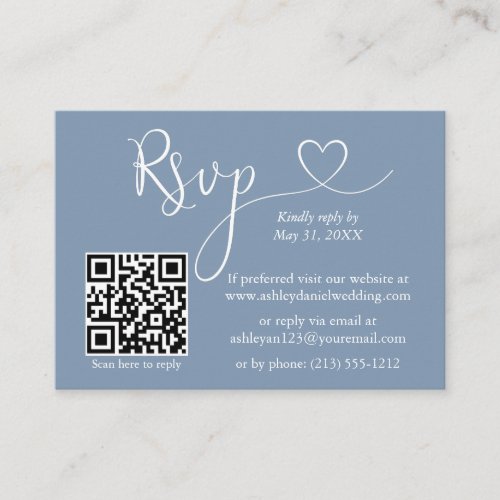 Calligraphy Heart Photo Wedding Dusty Blue QR RSVP Enclosure Card