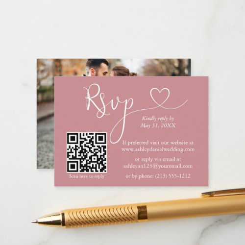 Calligraphy Heart Photo Wedding Dusty Rose QR RSVP Enclosure Card