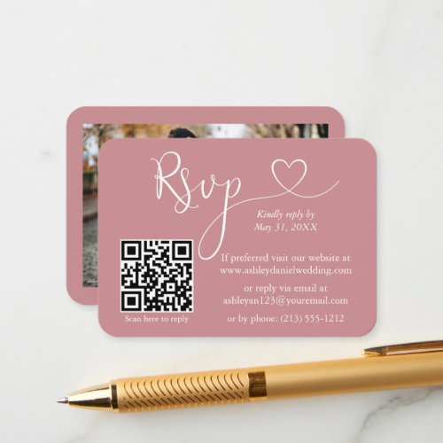 Calligraphy Heart Photo Wedding Dusty Rose RSVP QR Enclosure Card