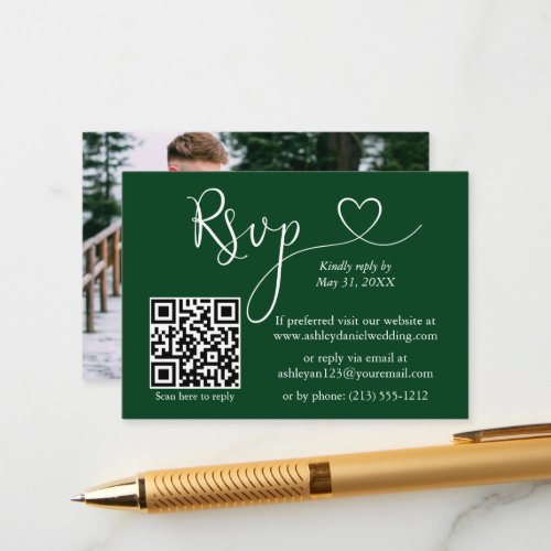 Calligraphy Heart Photo Wedding Green QR RSVP Enclosure Card