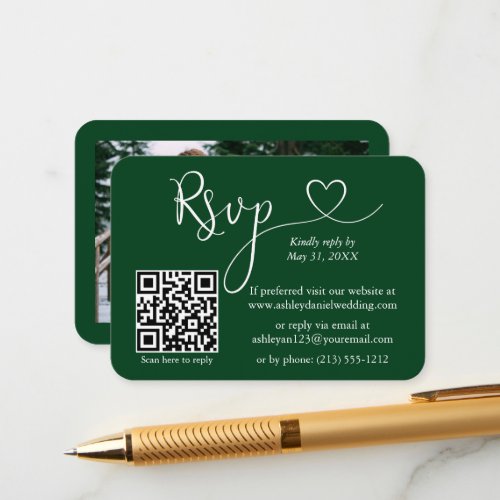 Calligraphy Heart Photo Wedding Green RSVP QR Enclosure Card