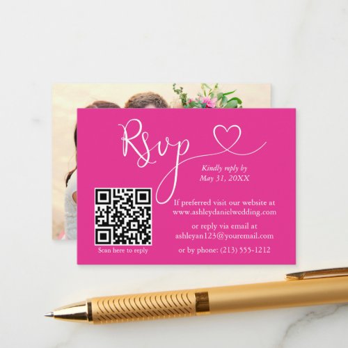 Calligraphy Heart Photo Wedding Hot Pink QR RSVP Enclosure Card