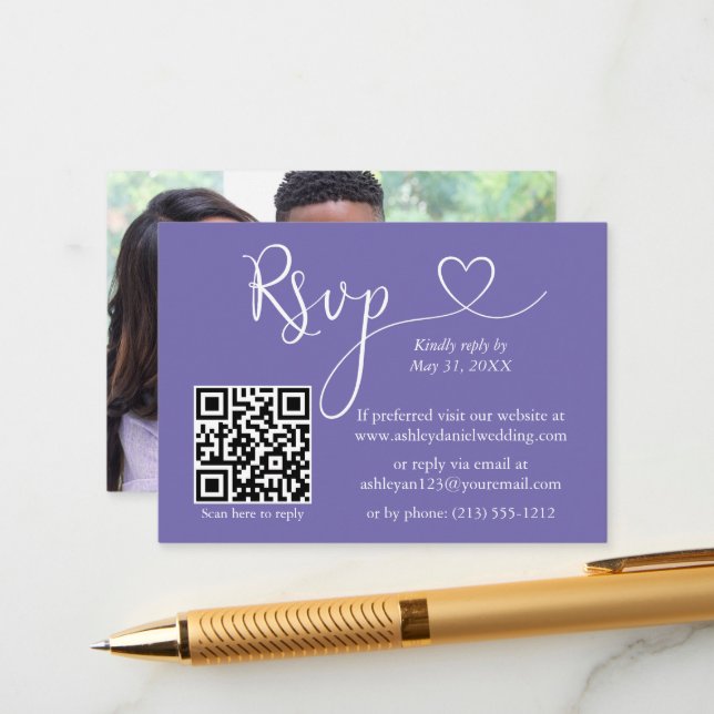 Calligraphy Heart Photo Wedding Periwinkle QR RSVP Enclosure Card (Front/Back In Situ)