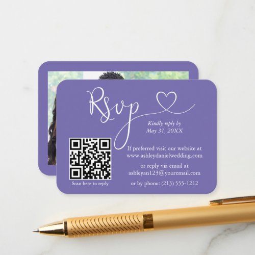 Calligraphy Heart Photo Wedding Periwinkle RSVP QR Enclosure Card