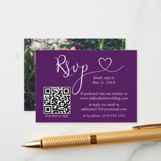 Calligraphy Heart Photo Wedding Purple QR RSVP Enclosure Card (Front/Back In Situ)
