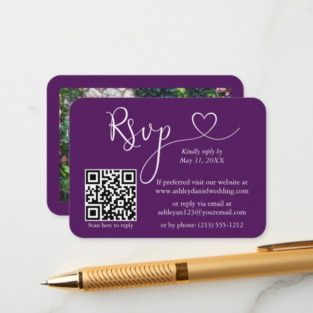 Calligraphy Heart Photo Wedding Purple RSVP QR Enclosure Card (Front/Back In Situ)