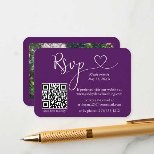 Calligraphy Heart Photo Wedding Purple RSVP QR Enclosure Card