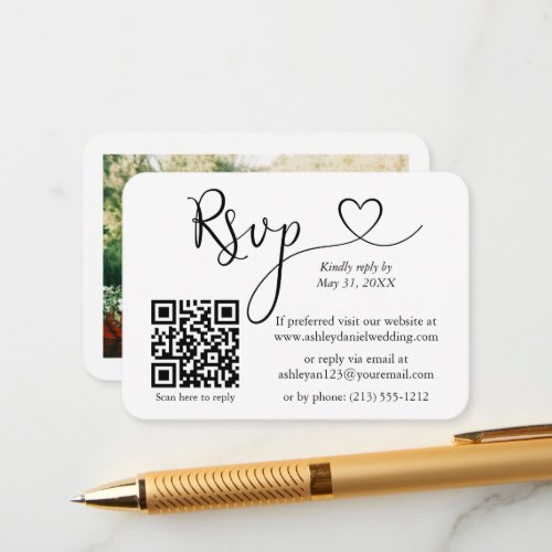 Calligraphy Heart Photo Wedding RSVP QR White Enclosure Card